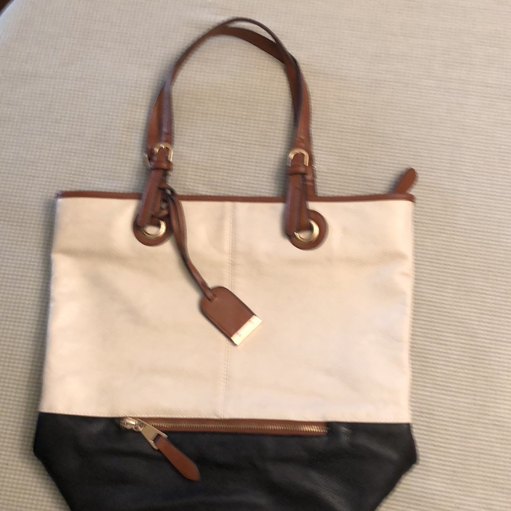 Call It Spring Cream & Black & Brown Trim Tote Shoulder Bag Roomy Faux #OS043
